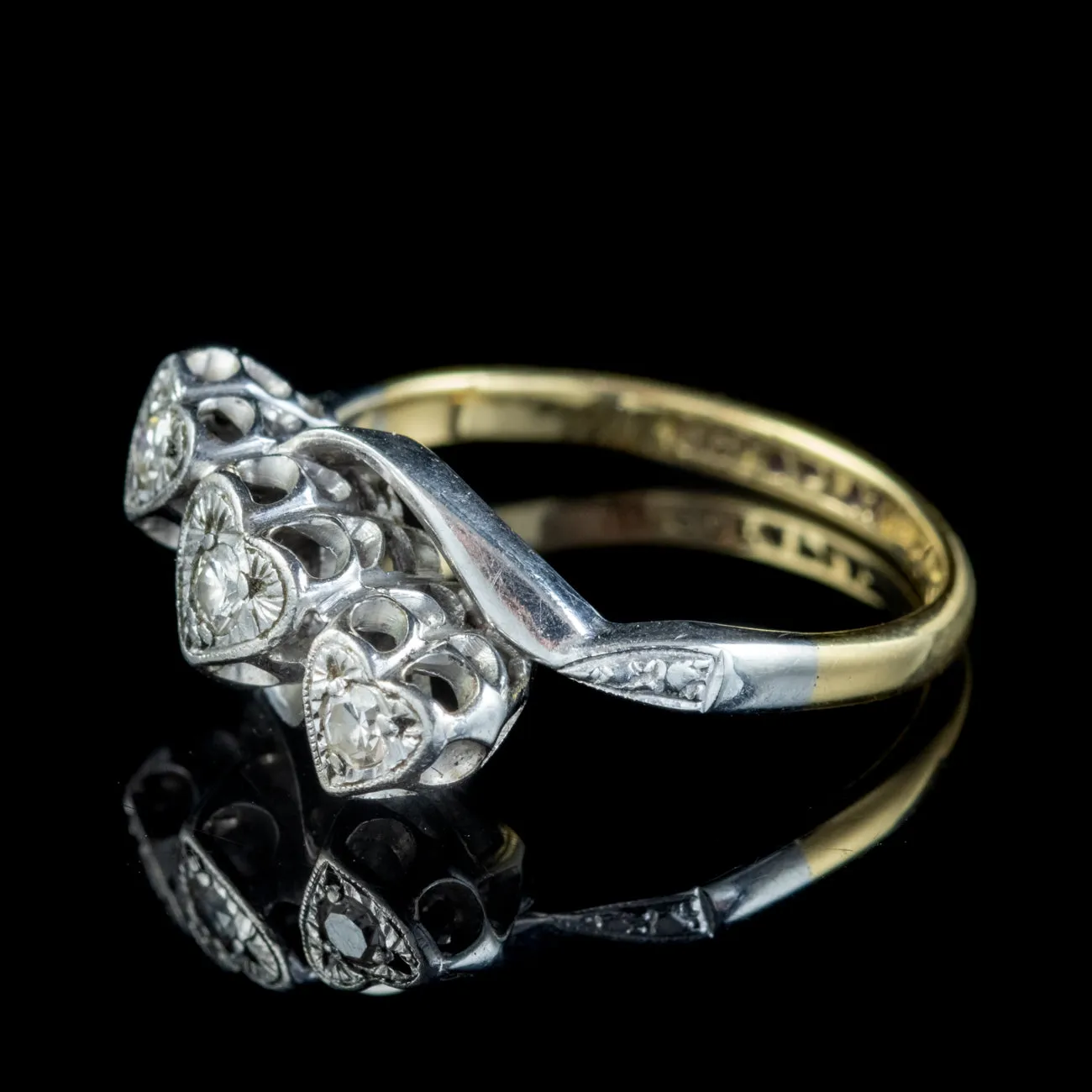 Antique Edwardian Diamond Heart Trilogy Twist Ring 18Ct Gold Platinum Circa 1905