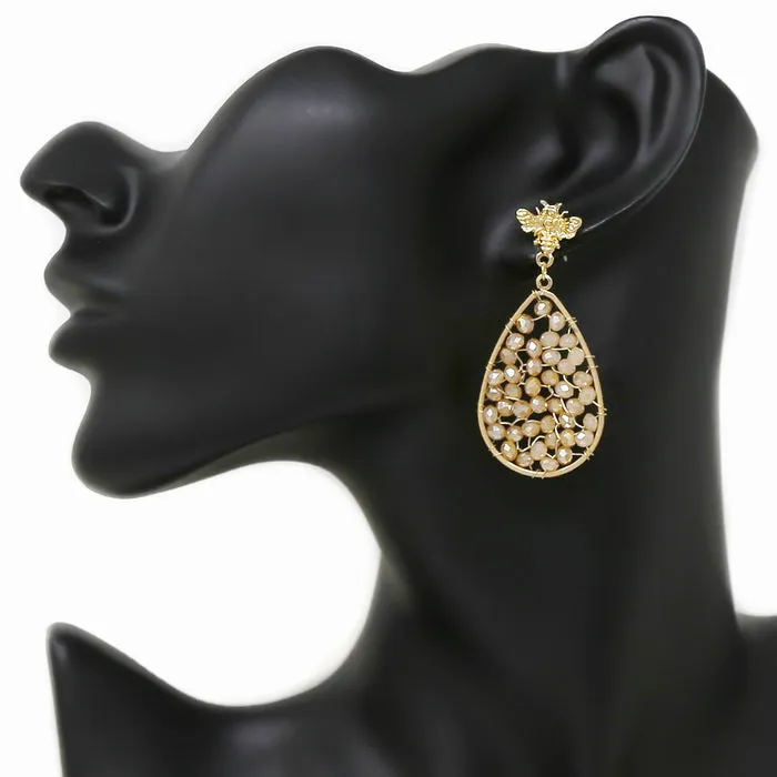 Bee With Glass Beaded Teardrop Earrings