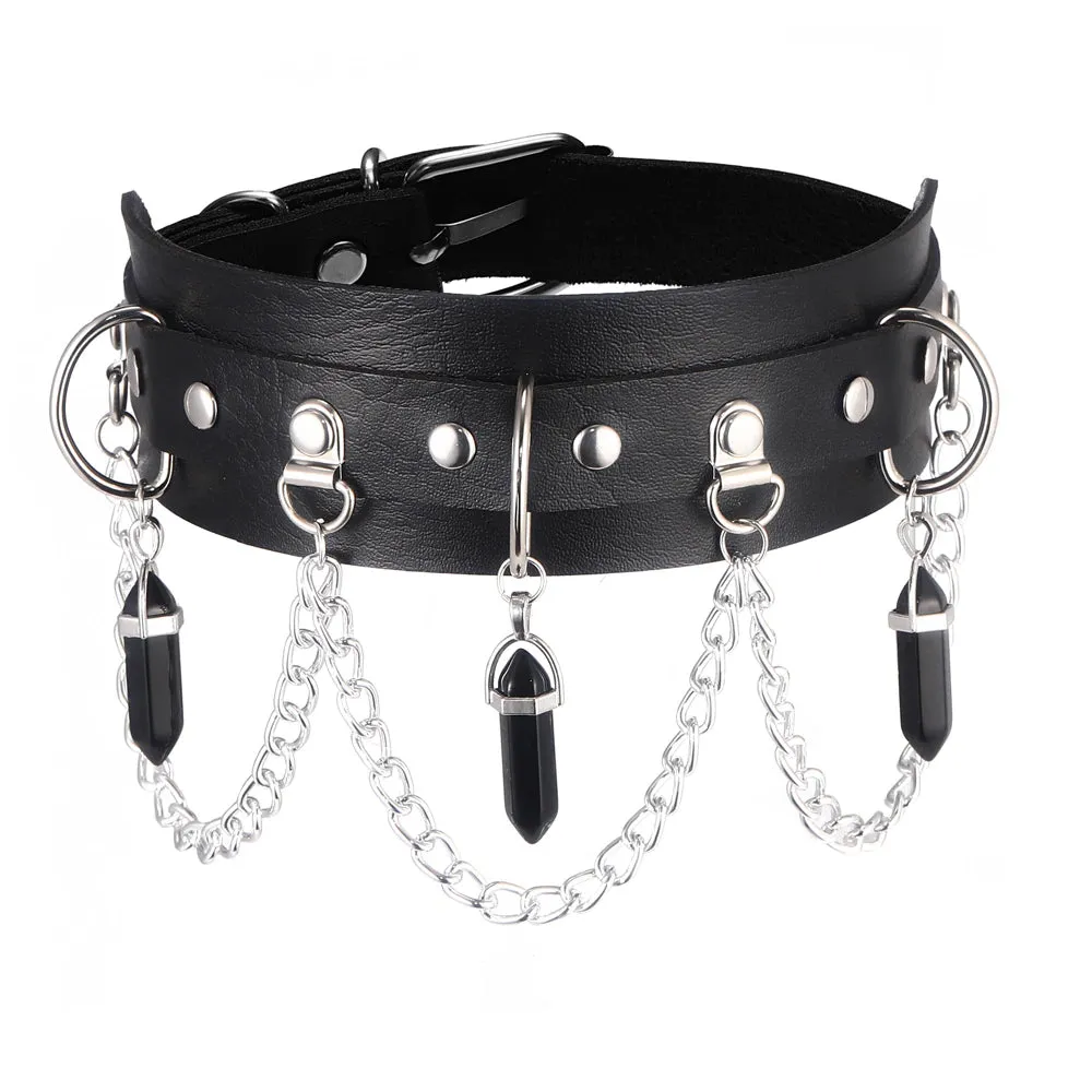 Black Vegan Leather Collar w/ Black Crystals and Chains