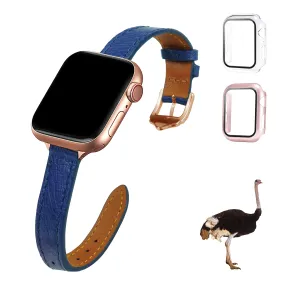 Blue Flat Ostrich Leather Band Compatible Apple Watch Iwatch 40mm Screen Protector Case Black Adapter Replacement Strap For Smartwatch Series 4 5 6 SE Leather Handmade AW-184G-W-40MM