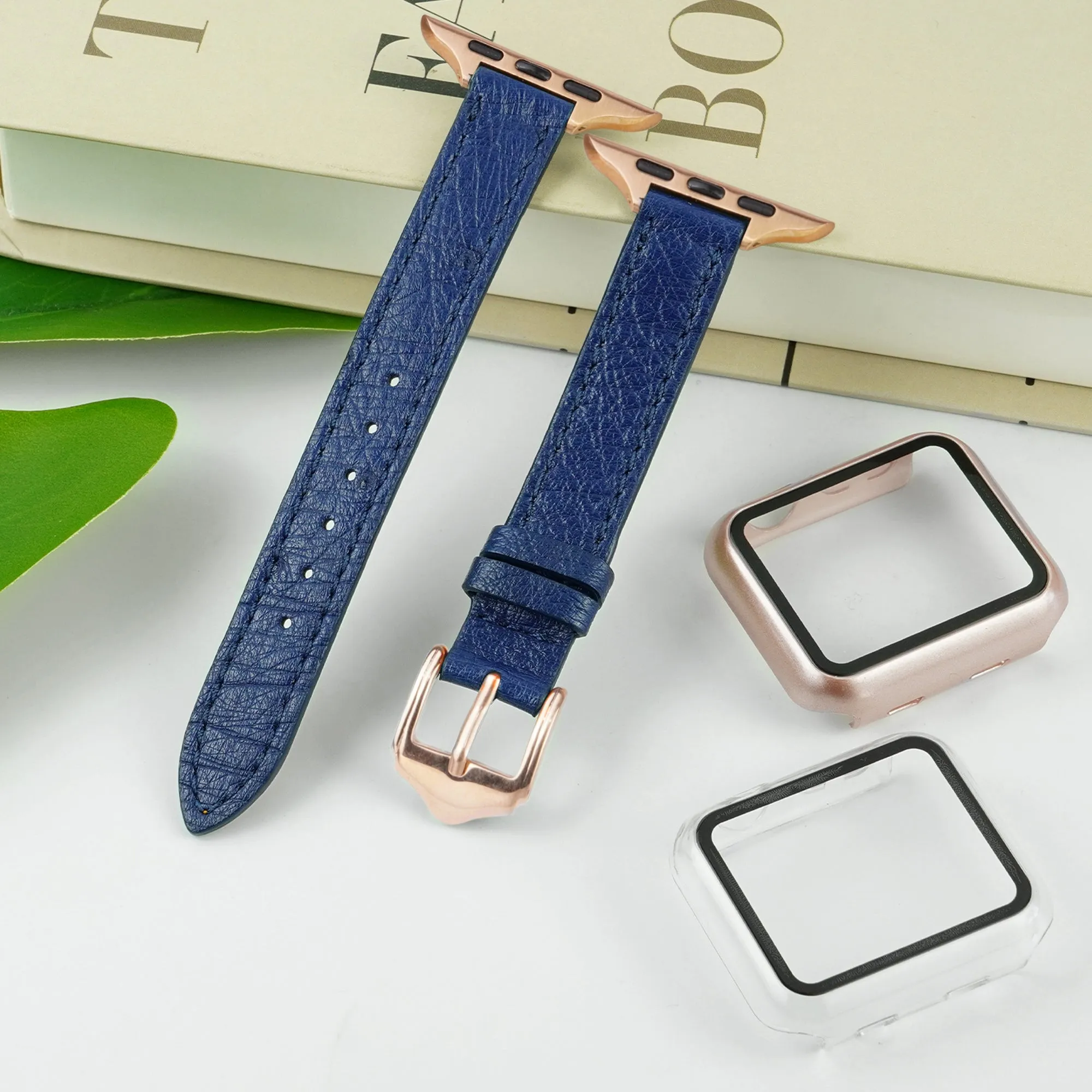 Blue Flat Ostrich Leather Band Compatible Apple Watch Iwatch 40mm Screen Protector Case Black Adapter Replacement Strap For Smartwatch Series 4 5 6 SE Leather Handmade AW-184G-W-40MM