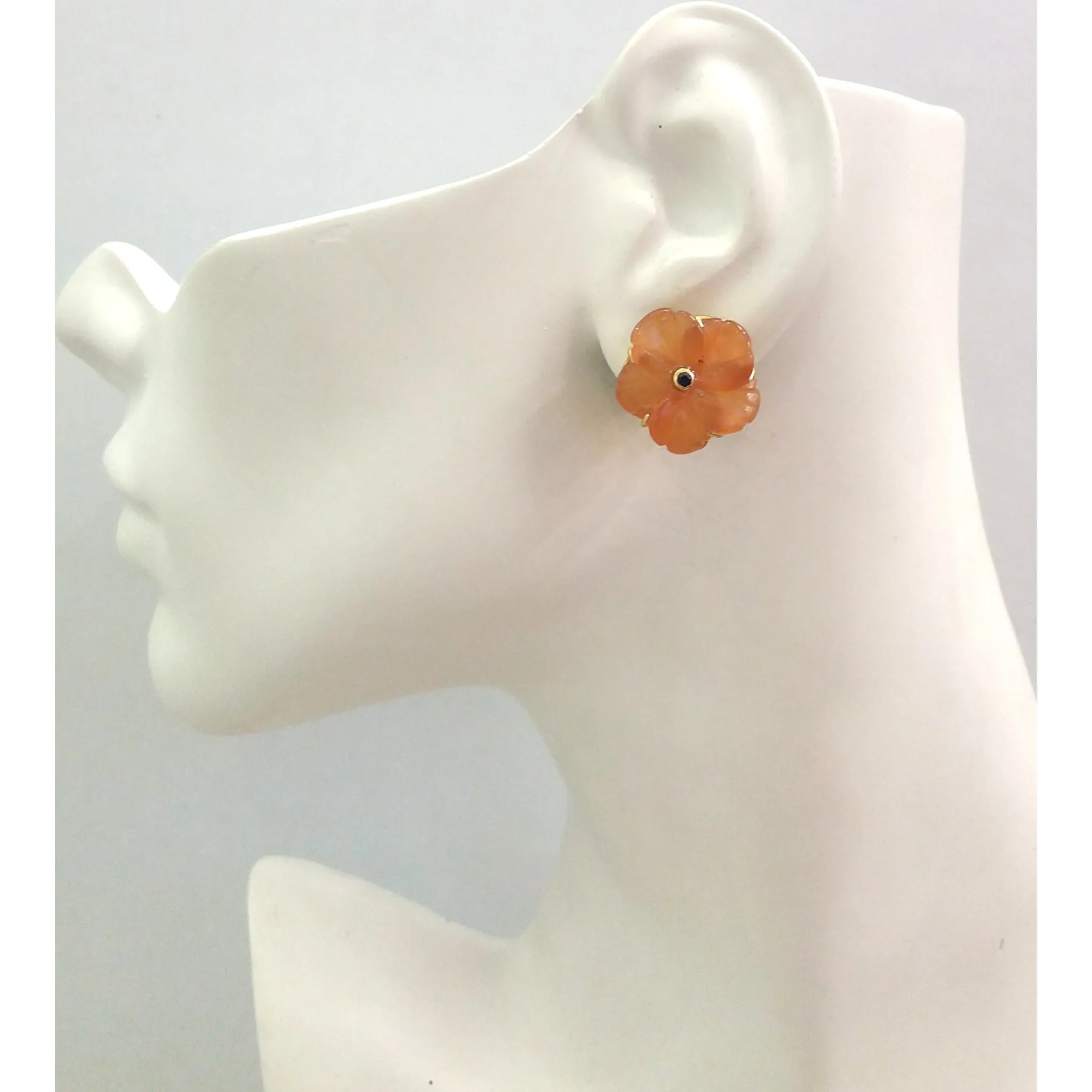 Blue Sapphire on a Carved Carnelian Flower Stud with Blue Topaz and Blue Topaz on Calla Lily Celadon Jade Detachable Twinset Earrings