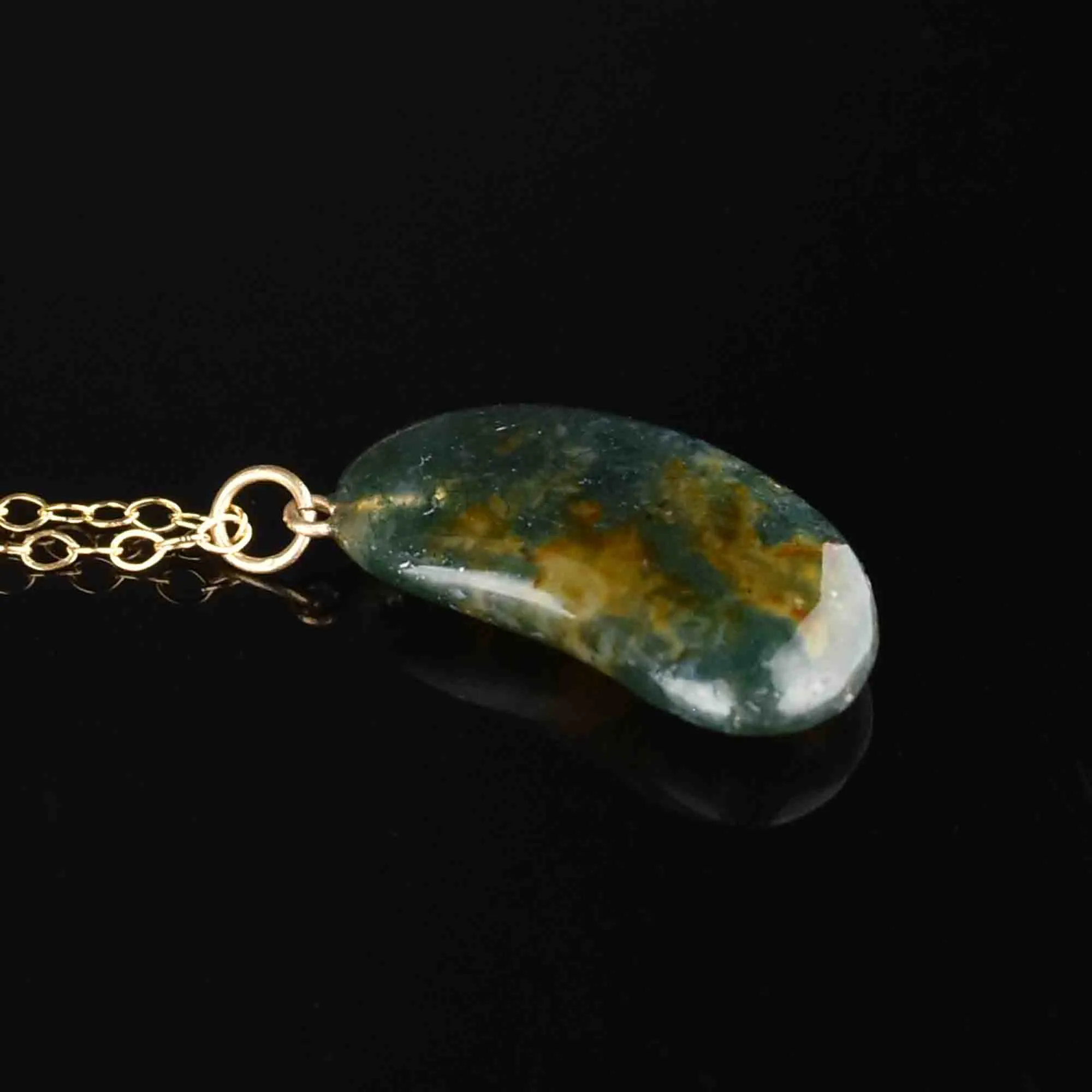 Gold Scottish Moss Agate Lucky Bean Pendant Necklace