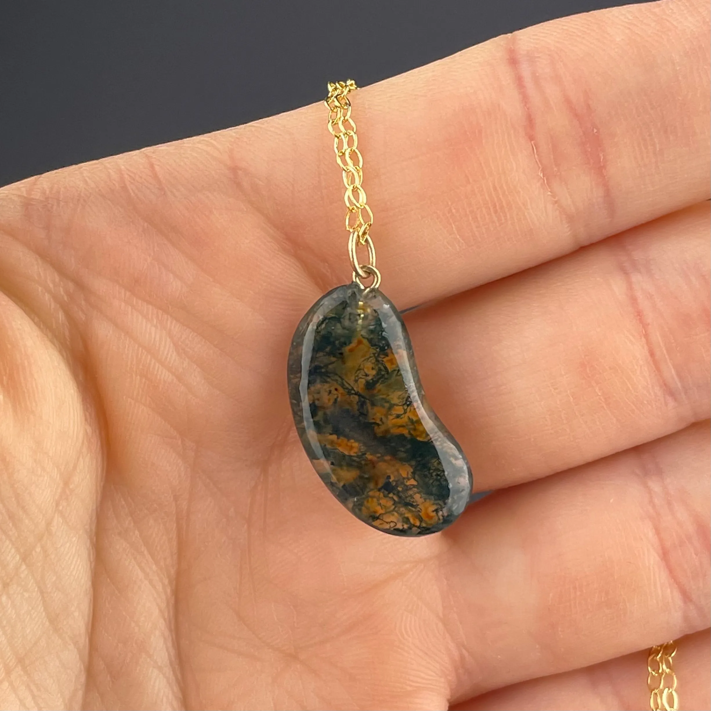 Gold Scottish Moss Agate Lucky Bean Pendant Necklace