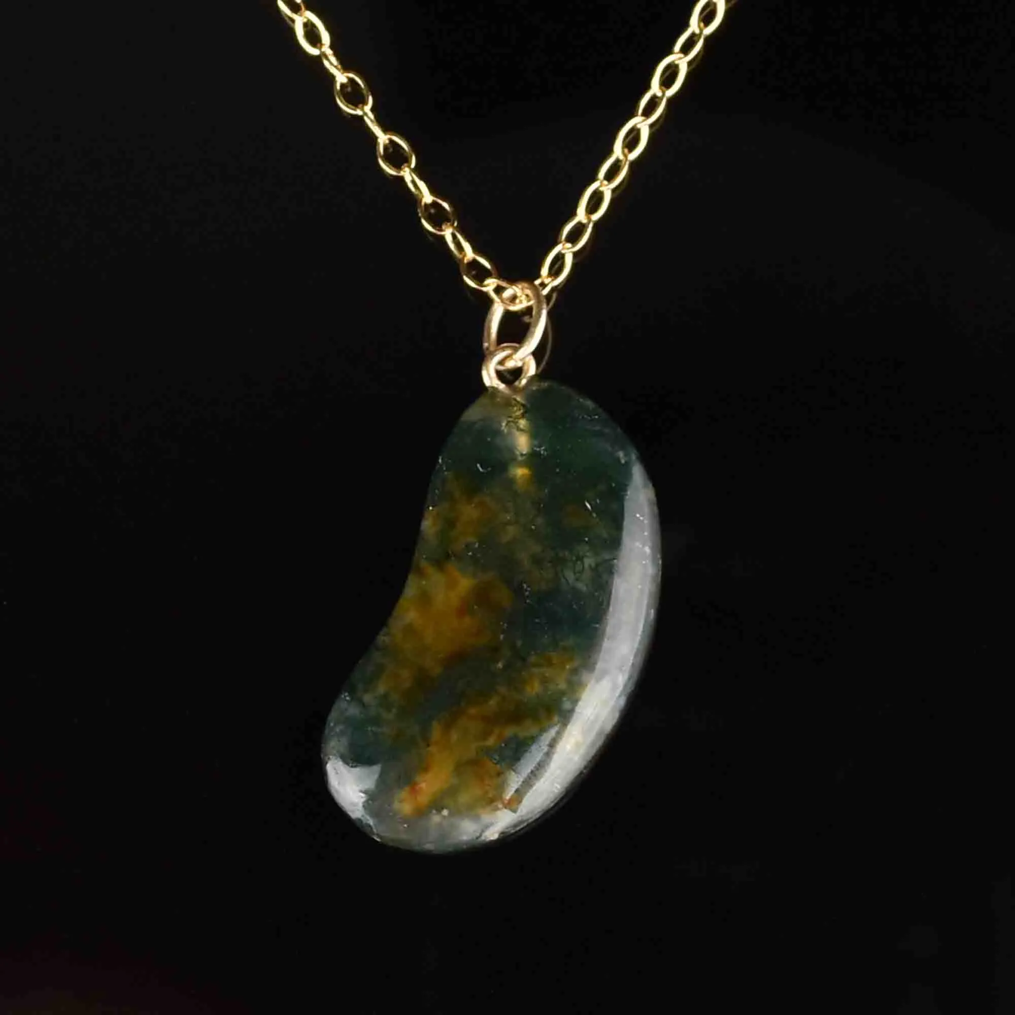 Gold Scottish Moss Agate Lucky Bean Pendant Necklace