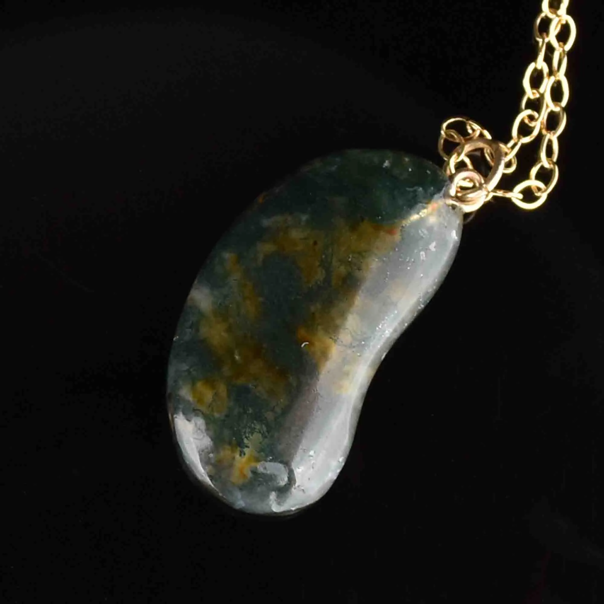 Gold Scottish Moss Agate Lucky Bean Pendant Necklace