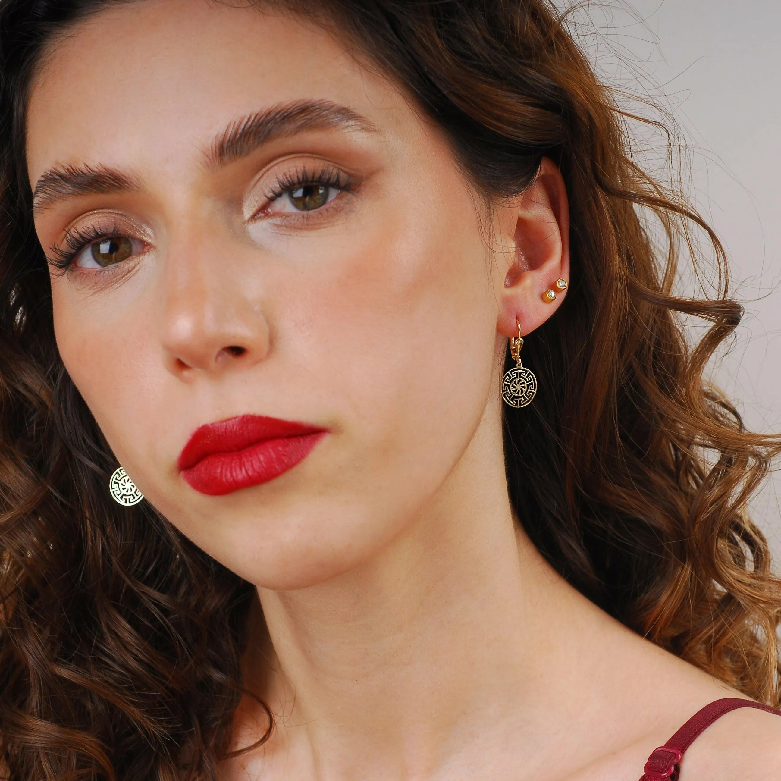 Greek Key Leverback Earrings | 14K Solid Gold