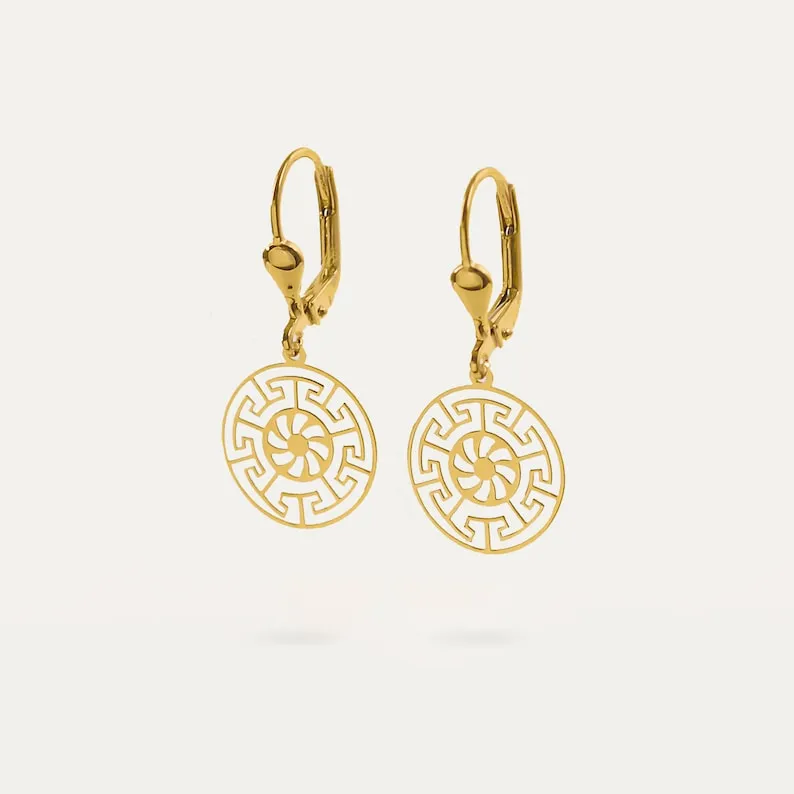 Greek Key Leverback Earrings | 14K Solid Gold