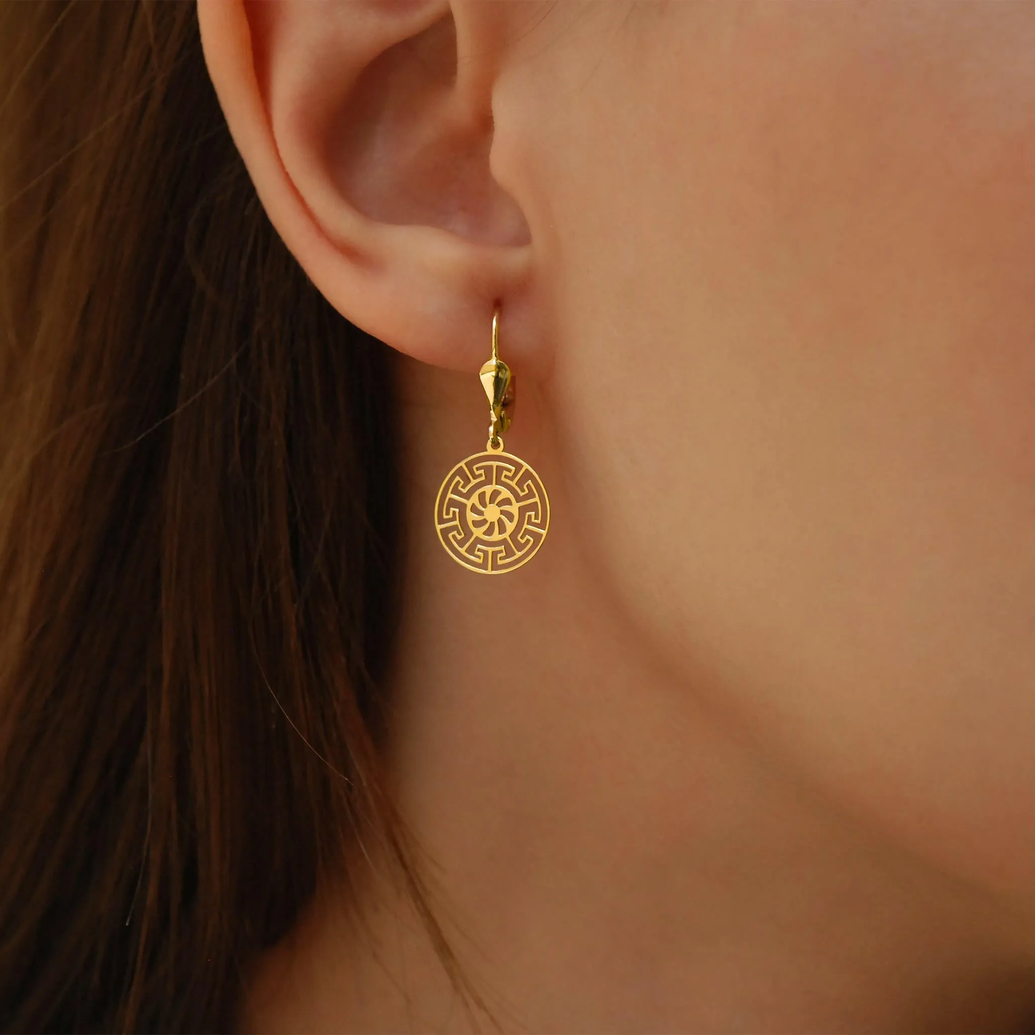 Greek Key Leverback Earrings | 14K Solid Gold