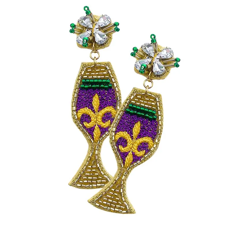 Mardi Gras Felt Back Fleur de Lis Pointed Beaded Wine Dangle Earrings