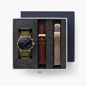 Pioneer - BUNDLE Black Dial Rose Gold | Olive Green Nylon / Brown Leather / Rose Gold Mesh Strap