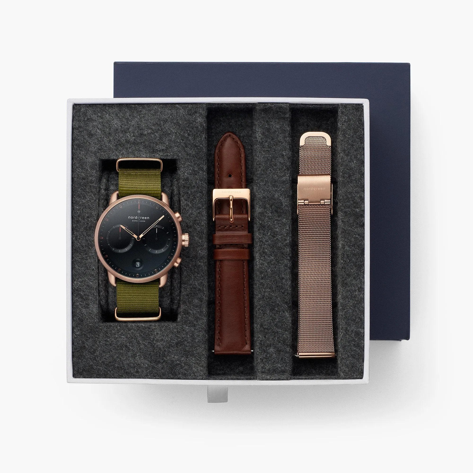 Pioneer - BUNDLE Black Dial Rose Gold | Olive Green Nylon / Brown Leather / Rose Gold Mesh Strap