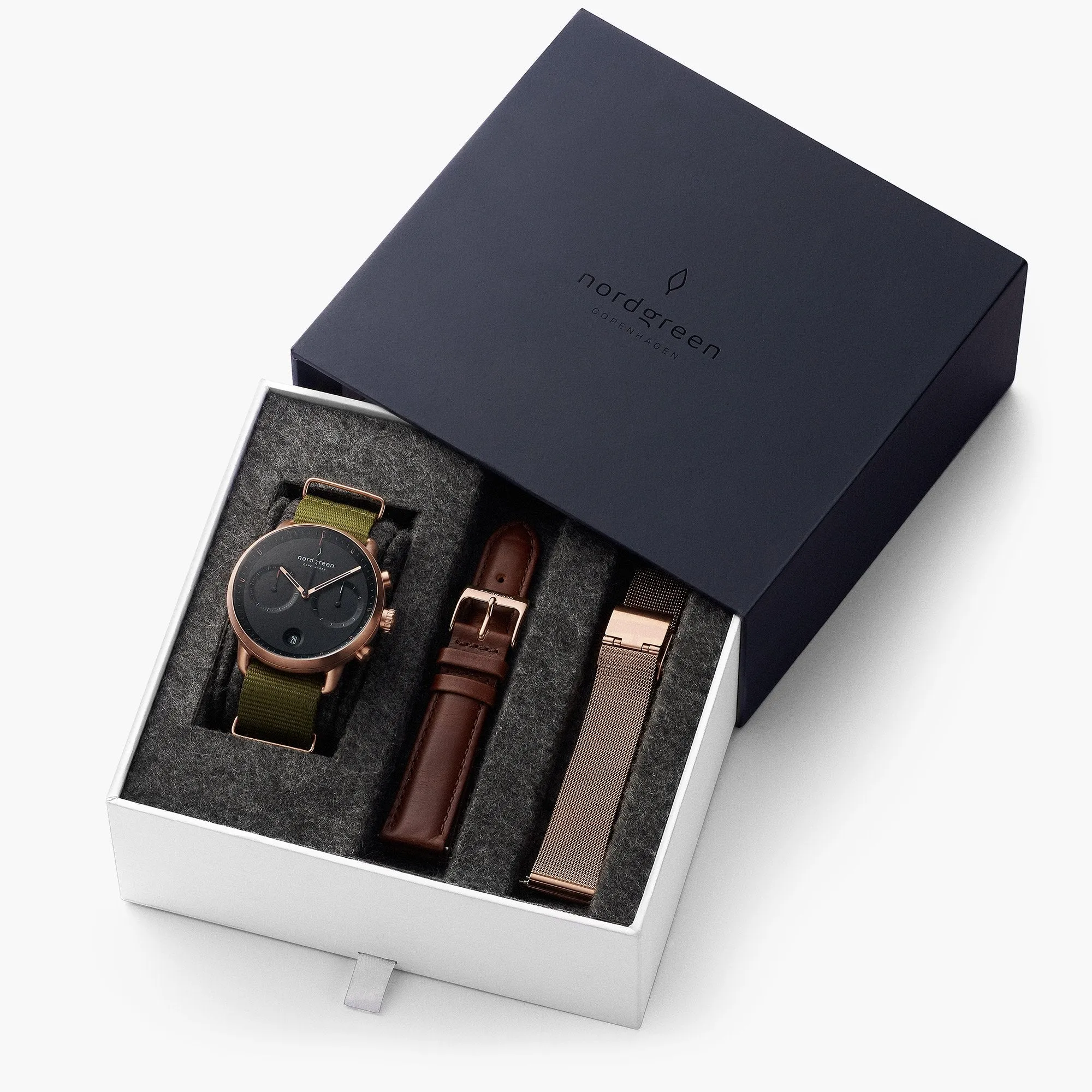 Pioneer - BUNDLE Black Dial Rose Gold | Olive Green Nylon / Brown Leather / Rose Gold Mesh Strap