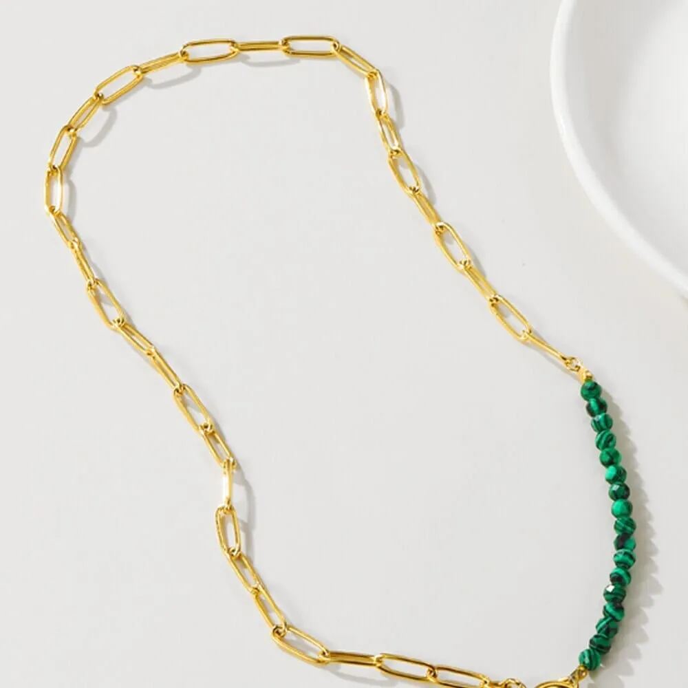 Round Lock Pendant Stainless Steel Emerald Beads Chain Necklace