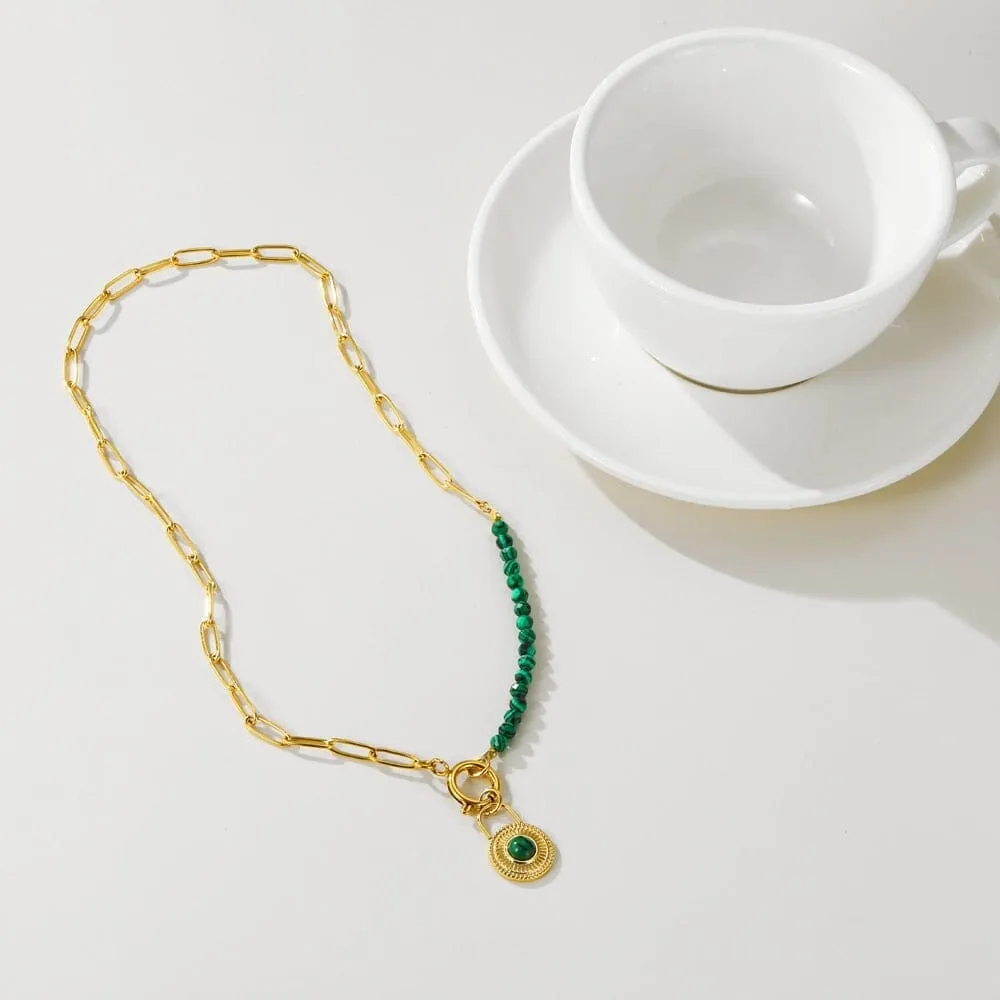 Round Lock Pendant Stainless Steel Emerald Beads Chain Necklace