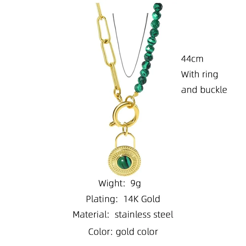 Round Lock Pendant Stainless Steel Emerald Beads Chain Necklace