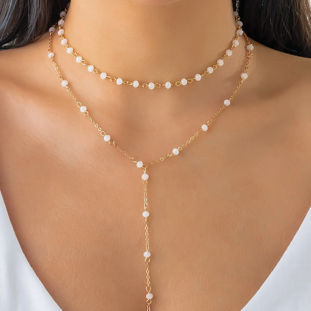 Vintage-Inspired Y-Shape Necklace with Crystal Beads - A Stunning Statement Collar for Bikinis!